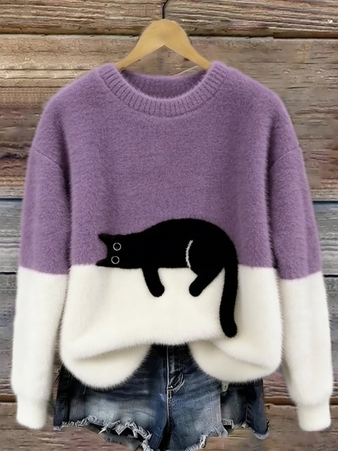 Violetter Pullover mit Katzen-Print 10