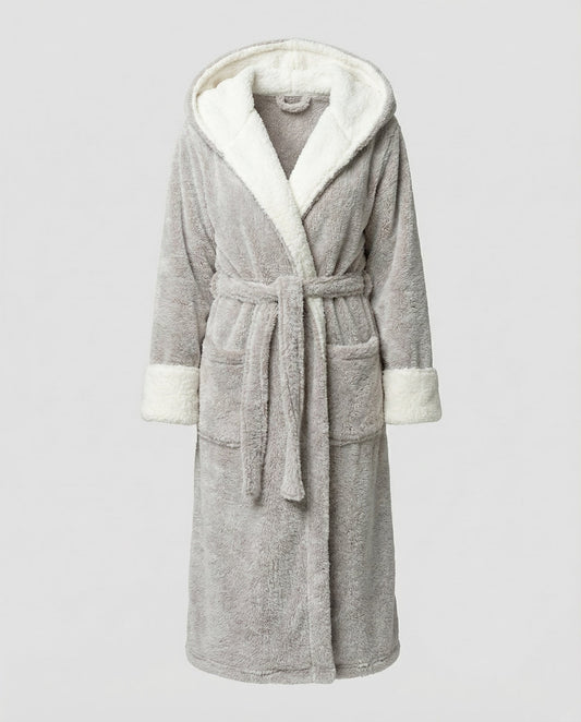 Fleece-Morgenmantel Damen mit Kapuze und Teddybesatz 2