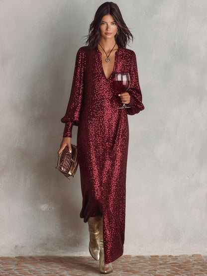 Weinrotes Maxi Abendkleid mit V-Ausschnitt 2