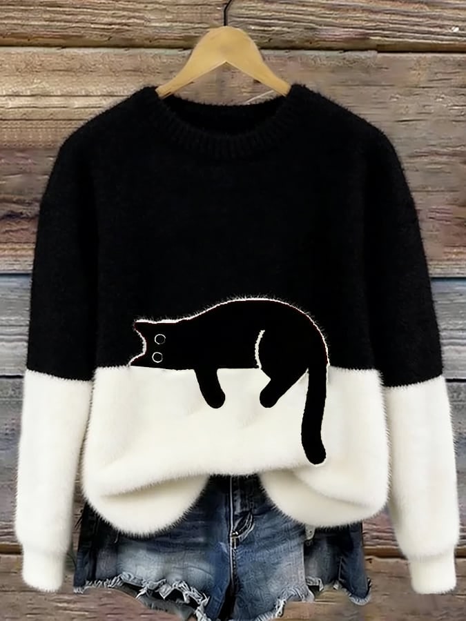 Schwarzer Pullover mit Katzen-Print 3