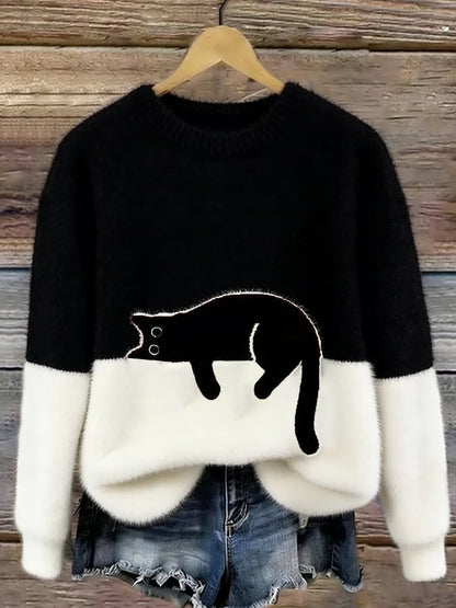 Schwarzer Pullover mit Katzen-Print 3