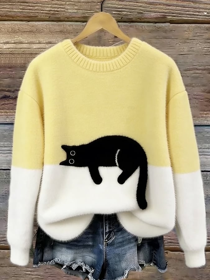 Gelber Pullover mit Katzen-Print 5