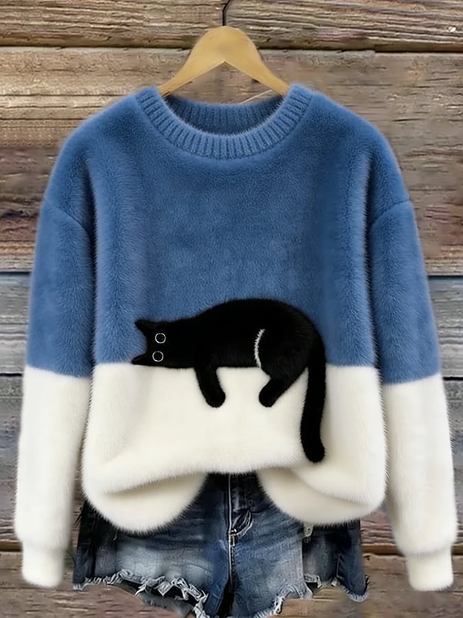 Blauer Pullover mit Katzen-Print 7