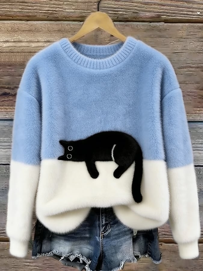 Himmelblauer Pullover mit Katzen-Print 8