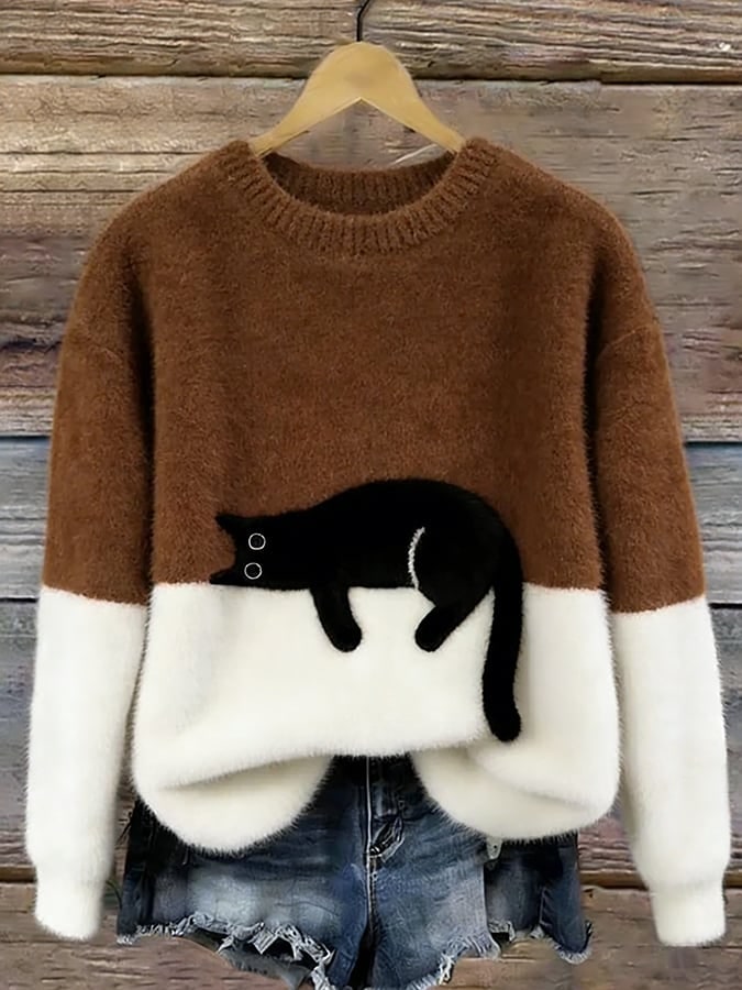 Brauner Pullover mit Katzen-Print 9