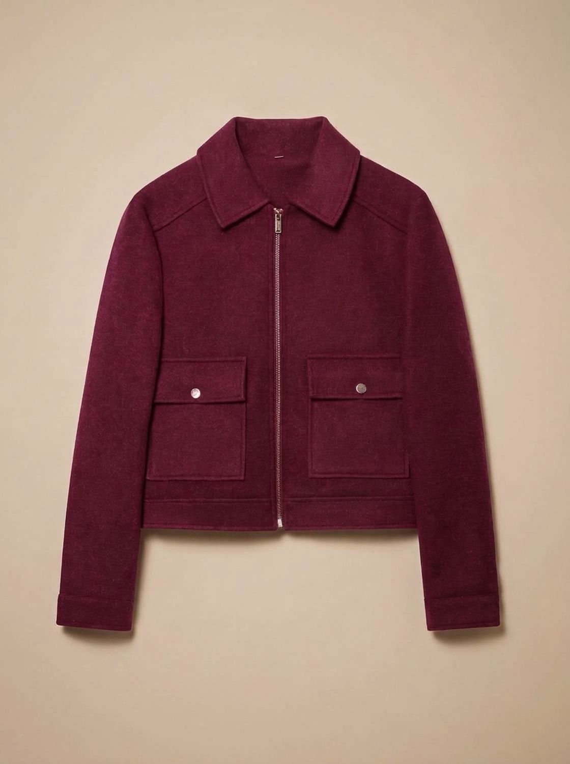 Bordeauxroter Kurzmantel mit Taschen und Reißverschluss 10