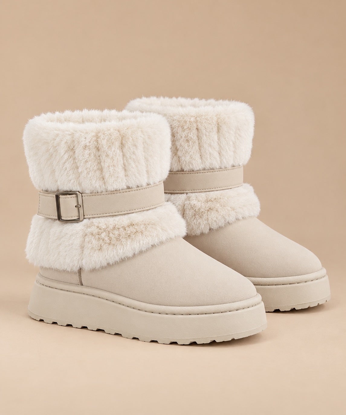 Beigefarbene Schneestiefel mit Kunstfellrand 5