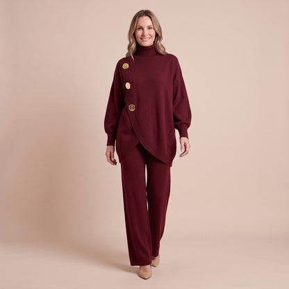 Damen-Set mit Rollkragenpullover und weiter Hose in Bordeaux