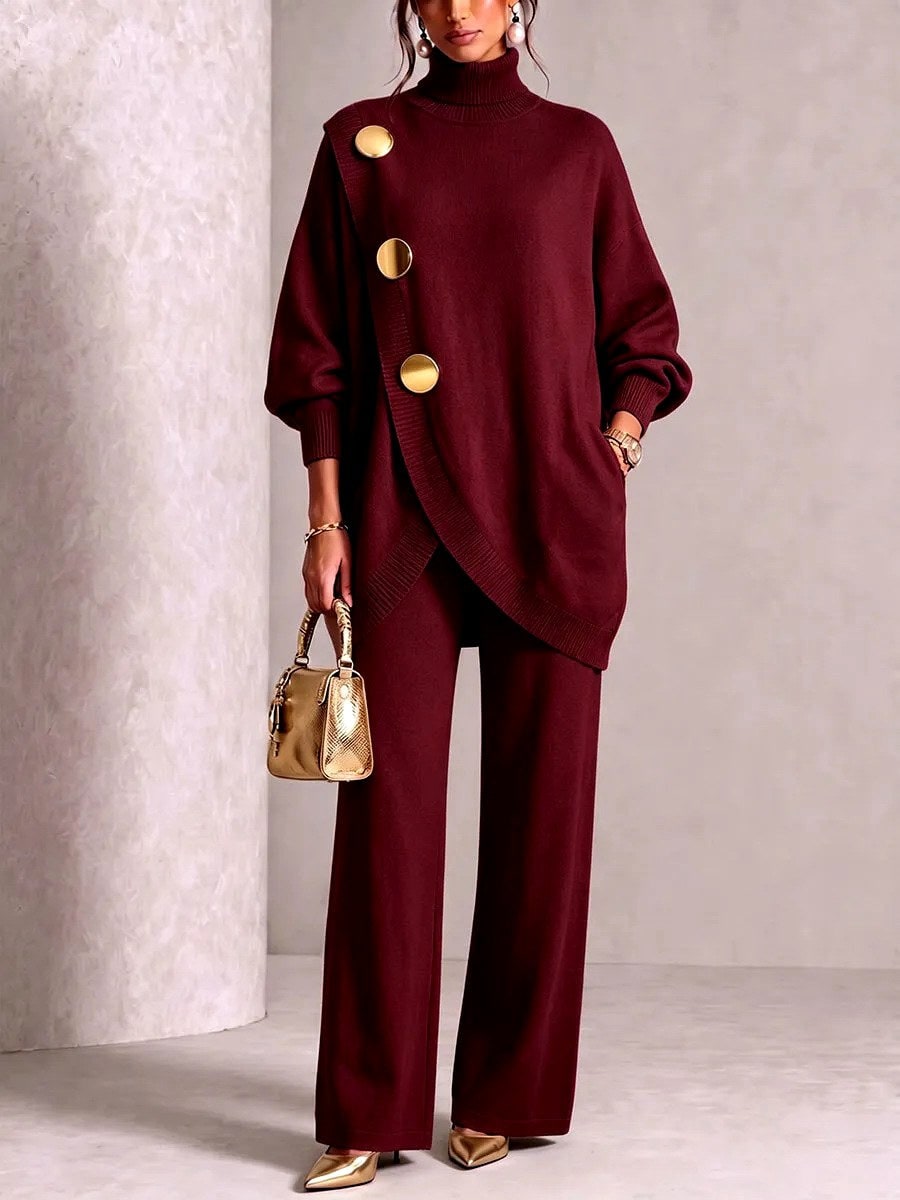 Damen-Set mit Rollkragenpullover und weiter Hose in Bordeaux