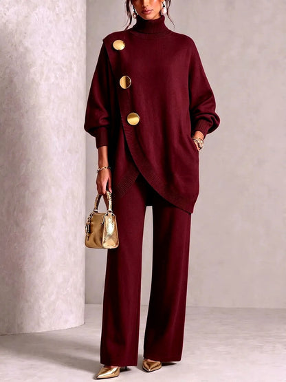 Damen-Set mit Rollkragenpullover und weiter Hose in Bordeaux