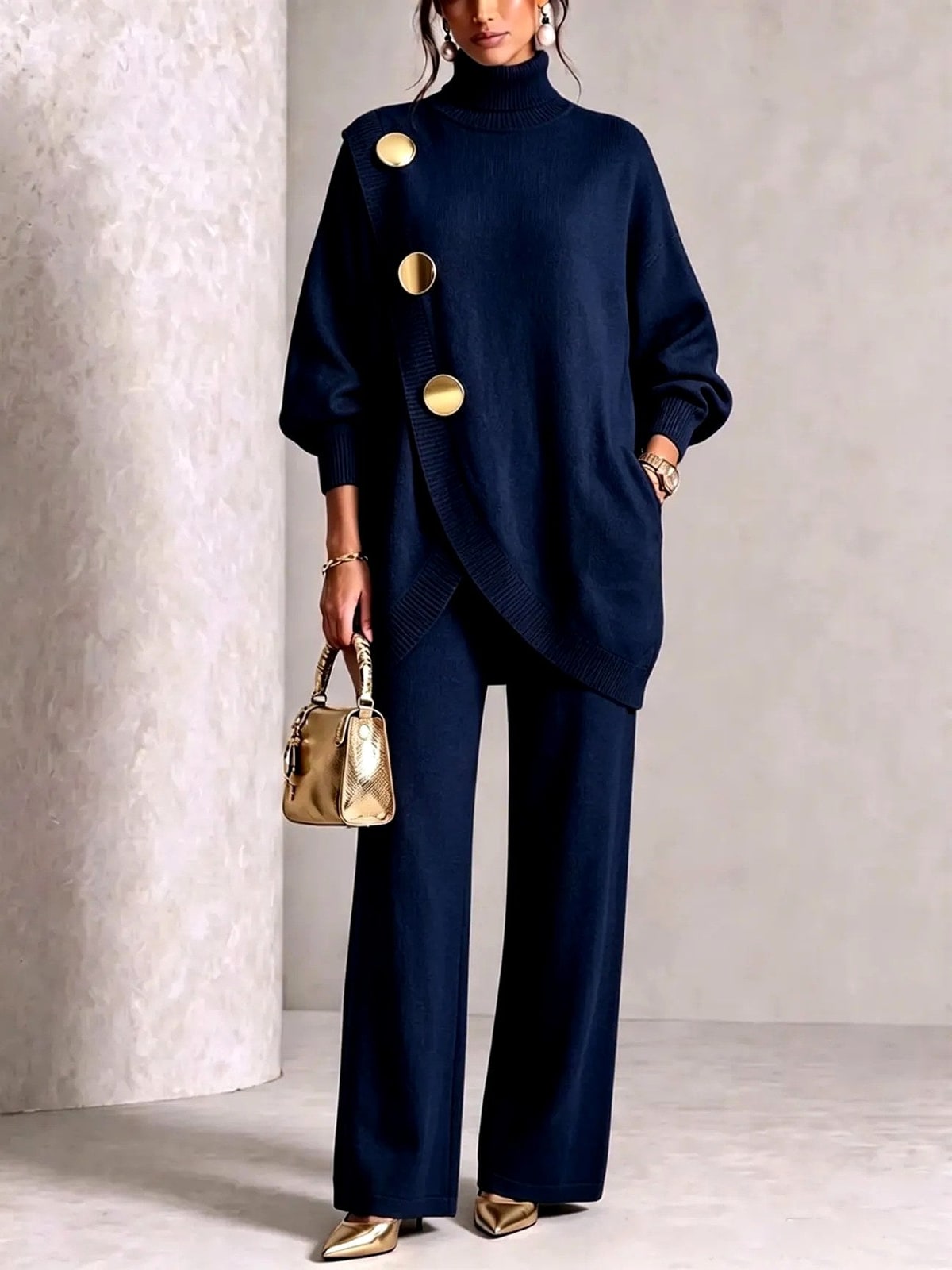 Damen-Set mit Rollkragenpullover und weiter Hose in Dunkelblau