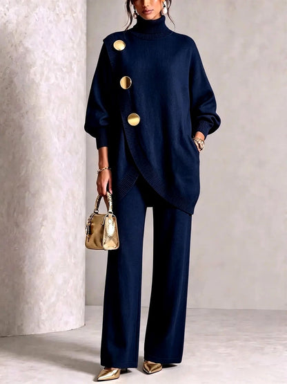 Damen-Set mit Rollkragenpullover und weiter Hose in Dunkelblau