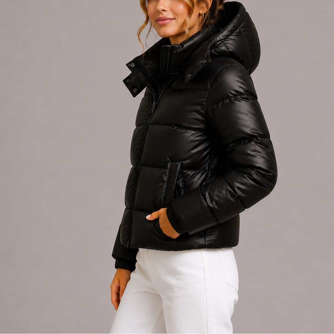 Schwarze Steppjacke seitlich getragen 4