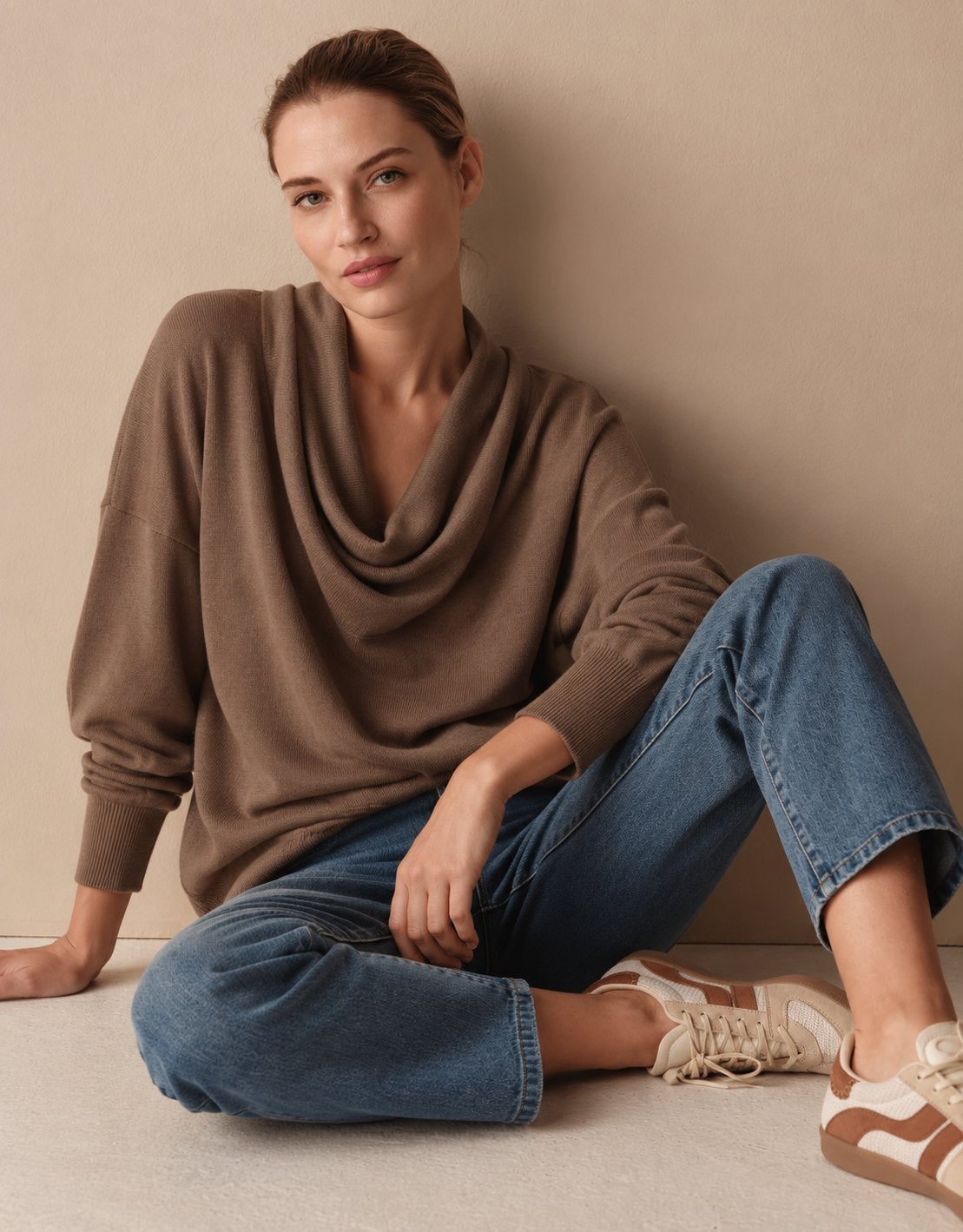 Brauner Strickpullover mit Jeans kombiniert 3