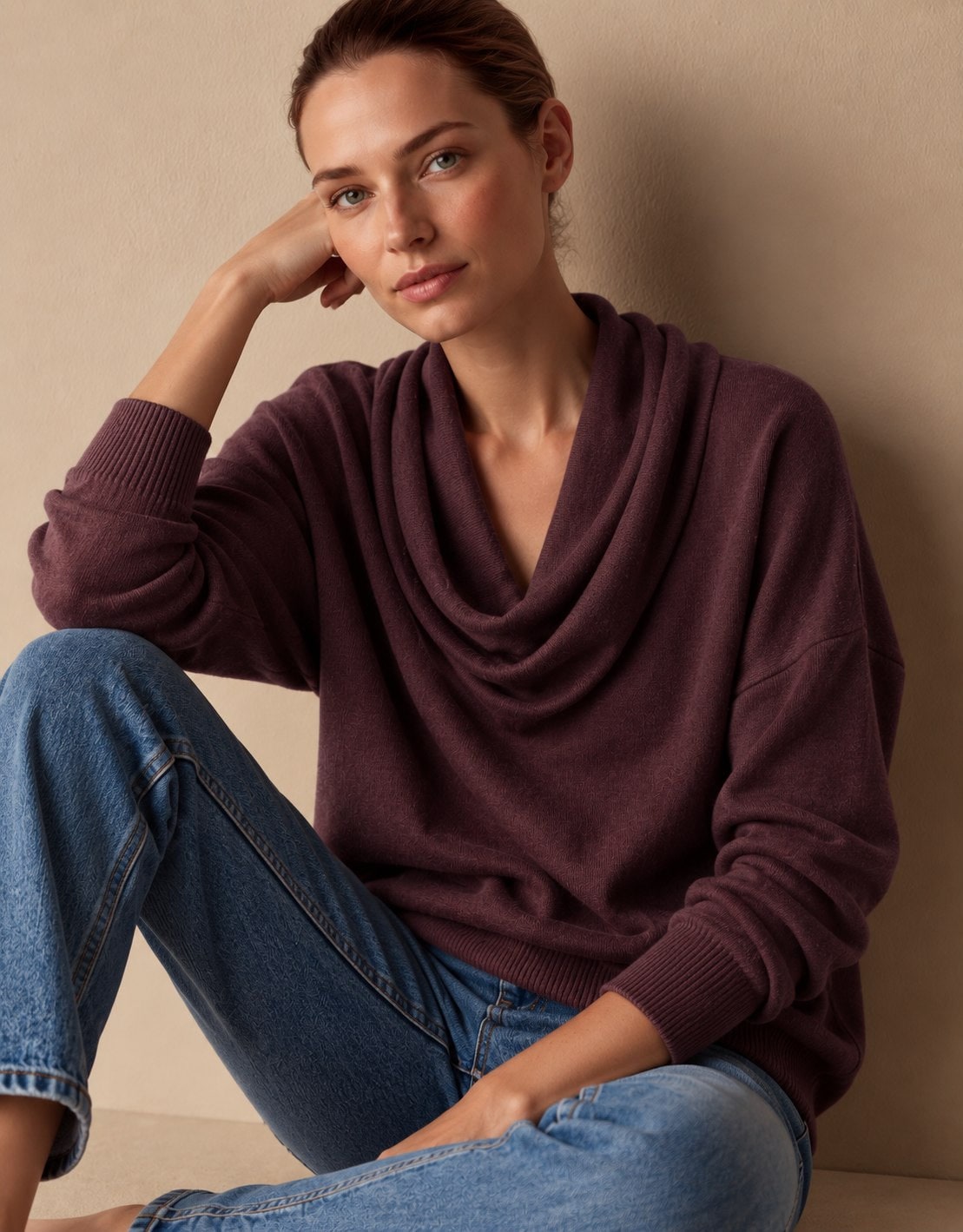 Lila Strickpullover mit Wasserfallkragen 5