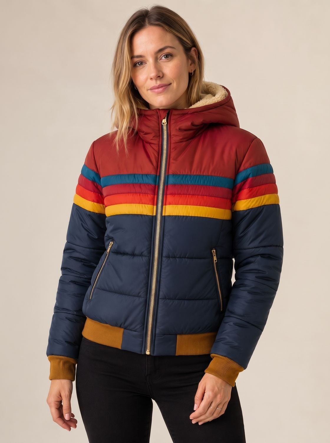 Frau in marineblauer Steppjacke mit Retro Streifen 1