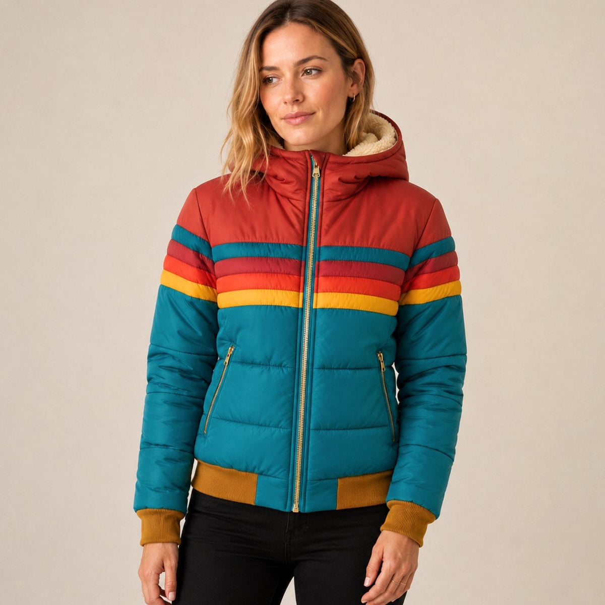 Frau in blauer Steppjacke mit Retro Streifen 2