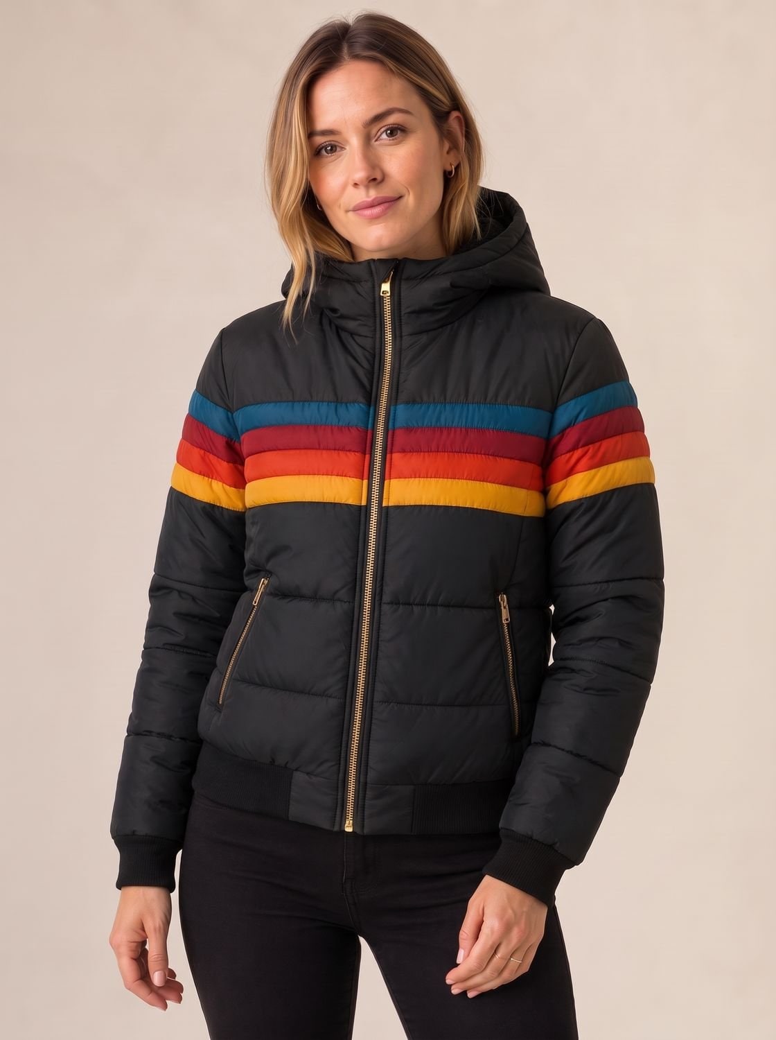 Frau in schwarzer Steppjacke mit Retro Streifen 3