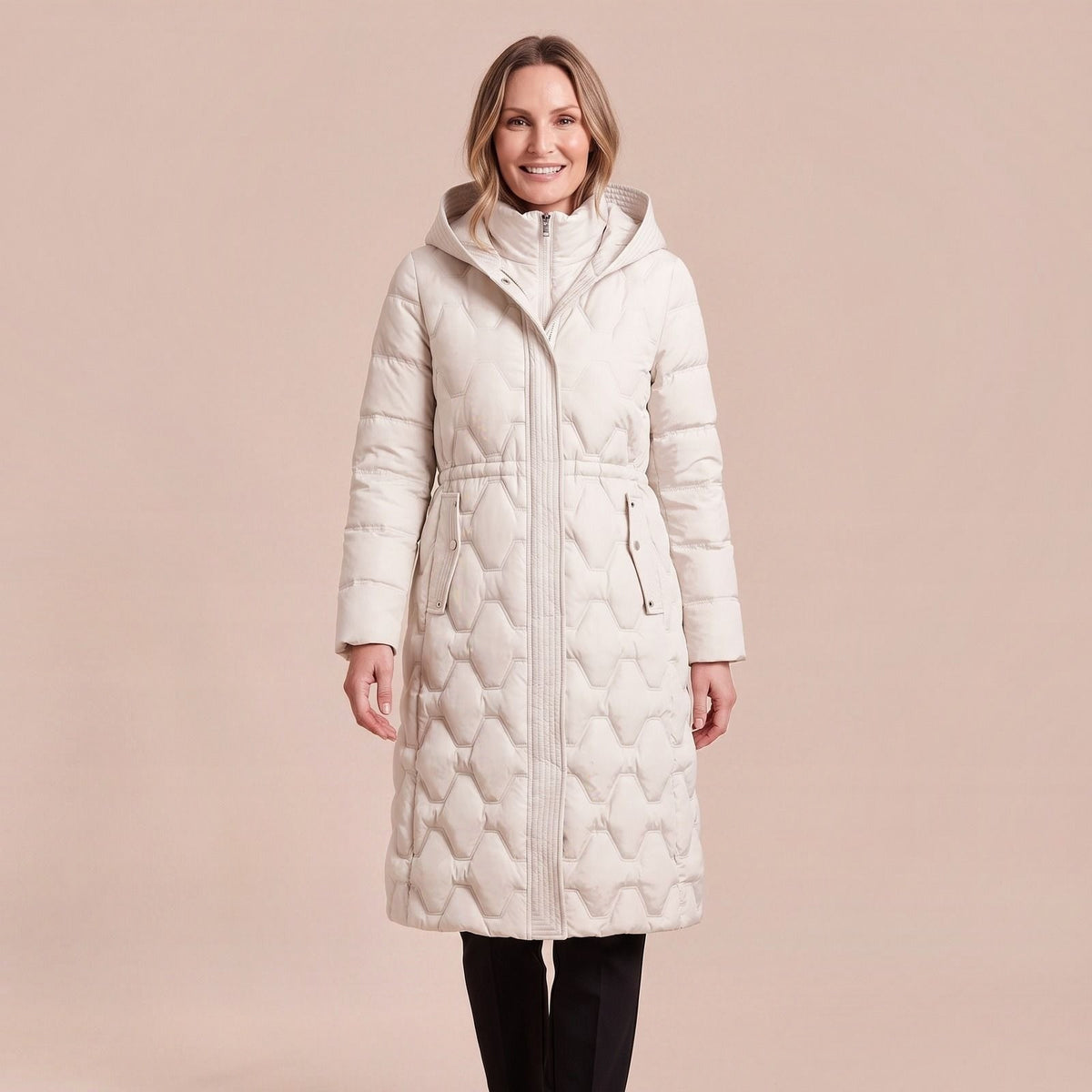 Daunenjacke mit Stehkragen und Kapuze für Damen in Cremeweiß, langer Daunenmantel