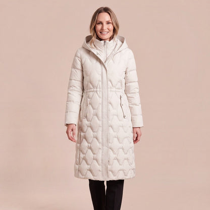 Daunenjacke mit Stehkragen und Kapuze für Damen in Cremeweiß, langer Daunenmantel