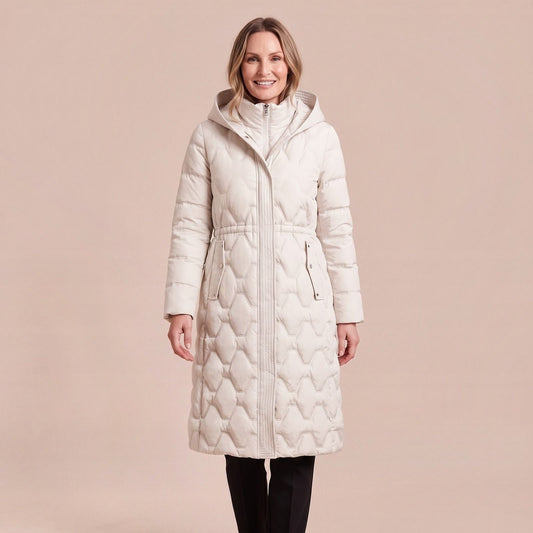 Daunenjacke mit Stehkragen und Kapuze für Damen in Cremeweiß, langer Daunenmantel