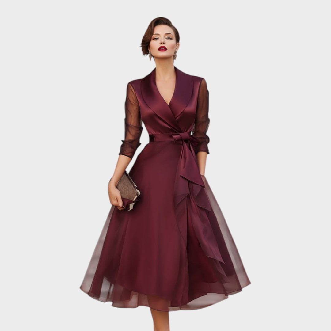 Burgunderrotes Midi-Kleid mit Taillengürtel 5