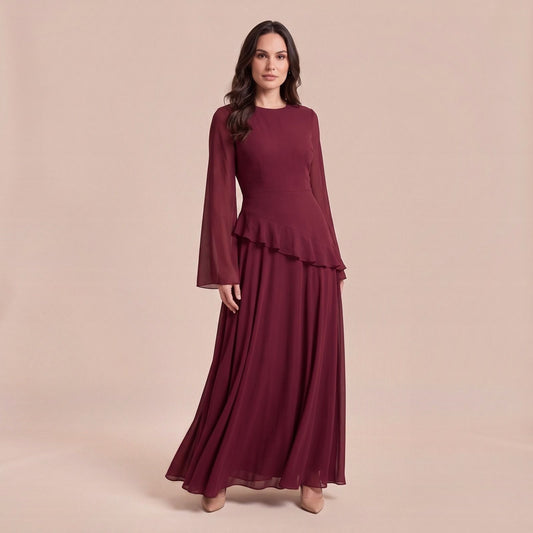 Winterkleid, Elegantes Gala Maxikleid mit Glockenärmeln und Volant