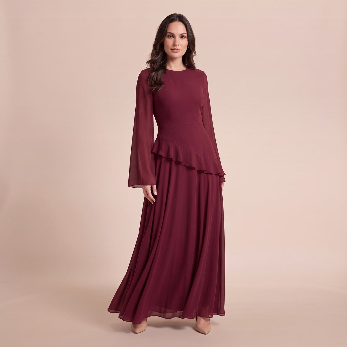 Langarm Maxikleid elegant mit Glockenärmeln und Volant 1