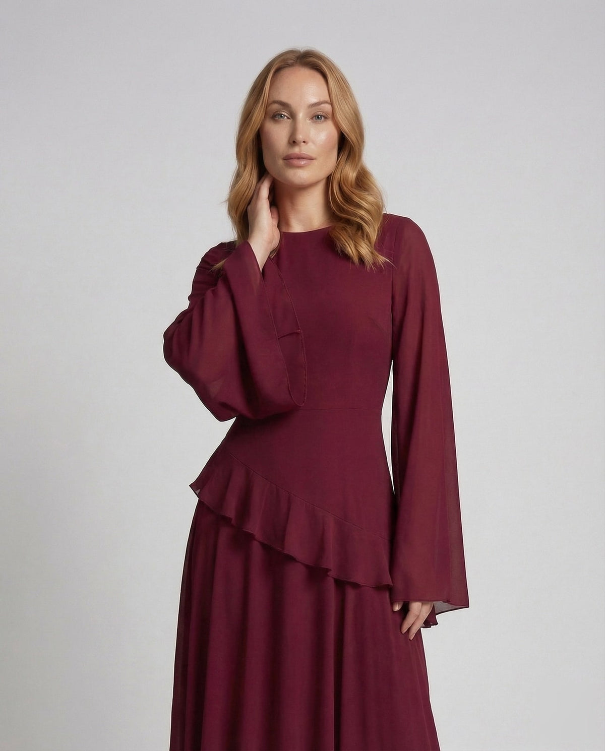 Langarm Maxikleid elegant mit Glockenärmeln und Volant 2