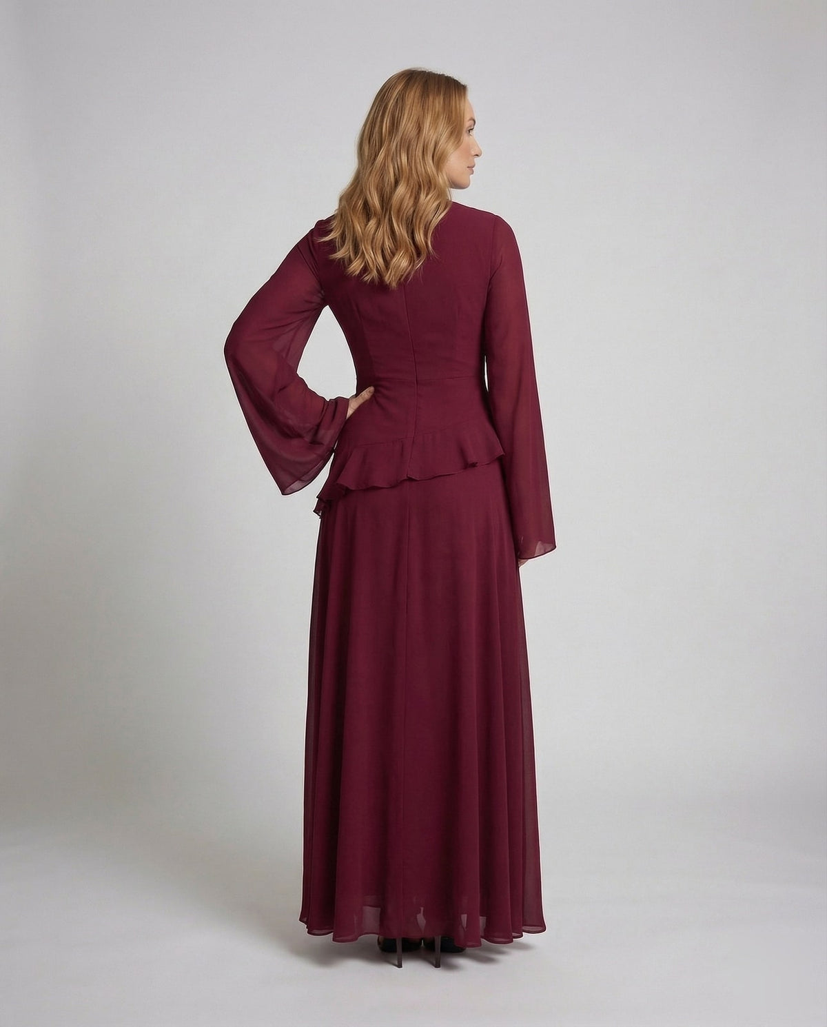Langarm Maxikleid elegant mit Glockenärmeln und Volant 3