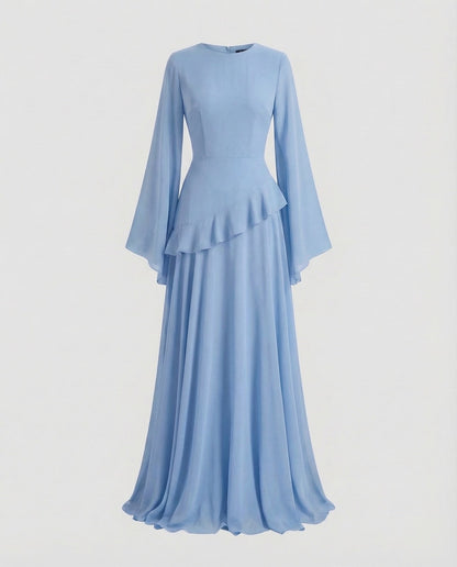 Langarm Maxikleid elegant mit Glockenärmeln und Volant 6
