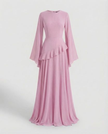 Langarm Maxikleid elegant mit Glockenärmeln und Volant 10
