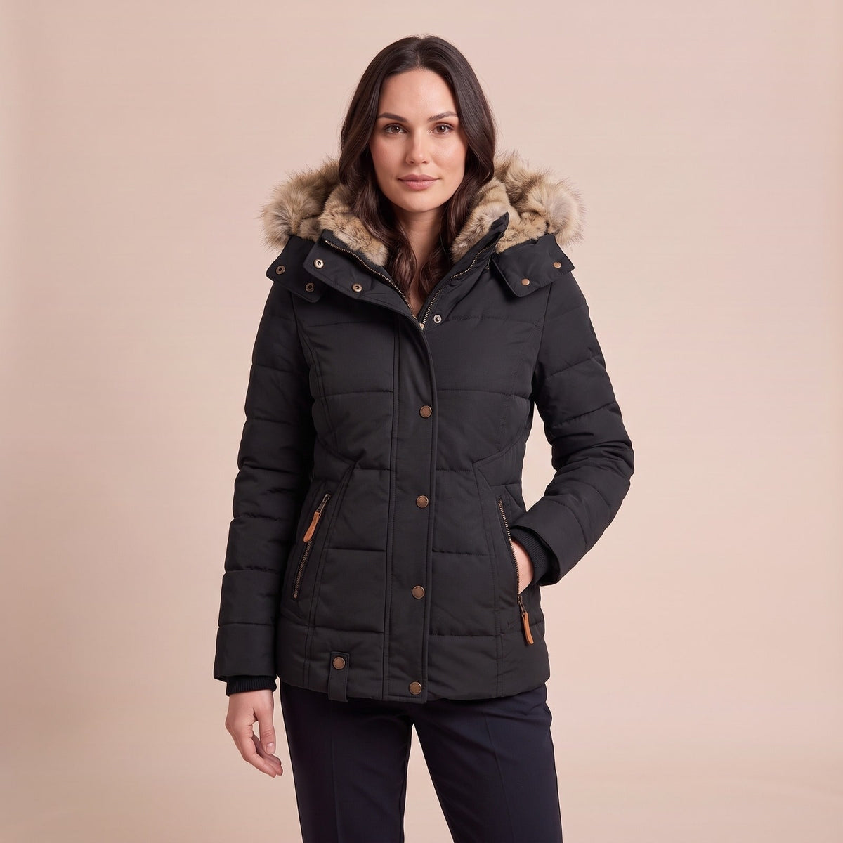 Schwarze taillierte Winterjacke mit Kapuze in Felloptik am Model