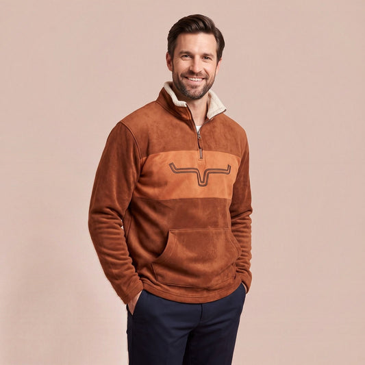 Fleecepullover für Herren mit Quarter Zip, Western Troyer mit Teddykragen und Kängurutasche