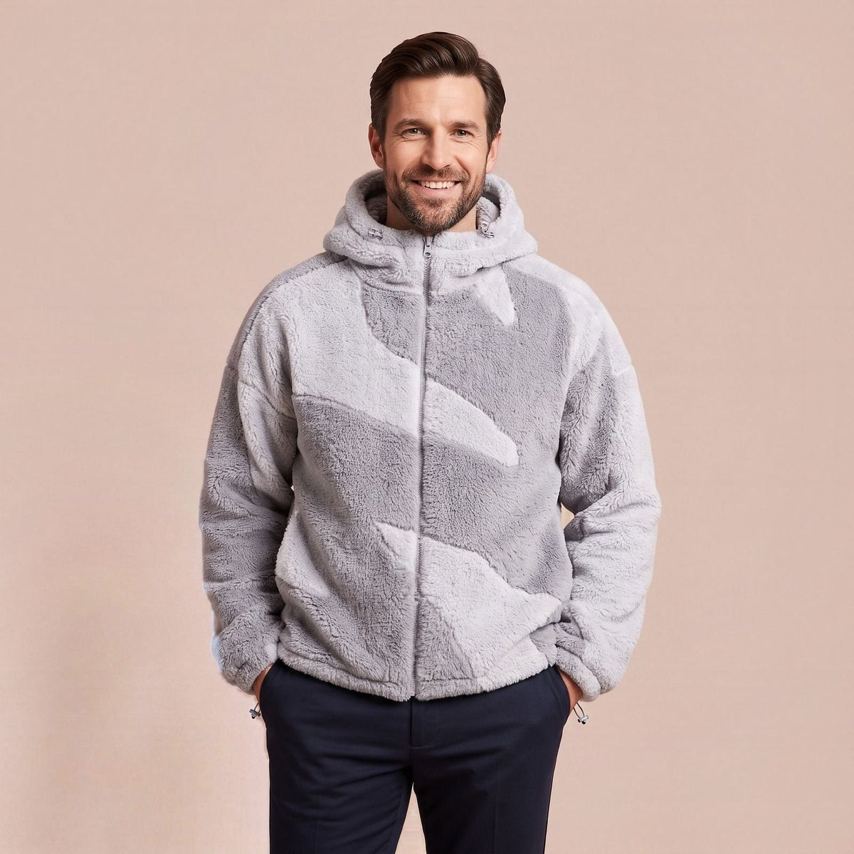 Fleecepullover für Herren in Hellgrau, Teddy Fleecejacke mit Kapuze und Reißverschluss