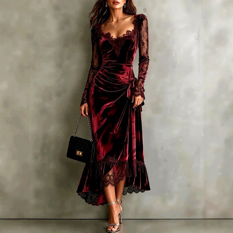 Formelle Abendgarderobe Damen, Samtkleid mit Spitze 1