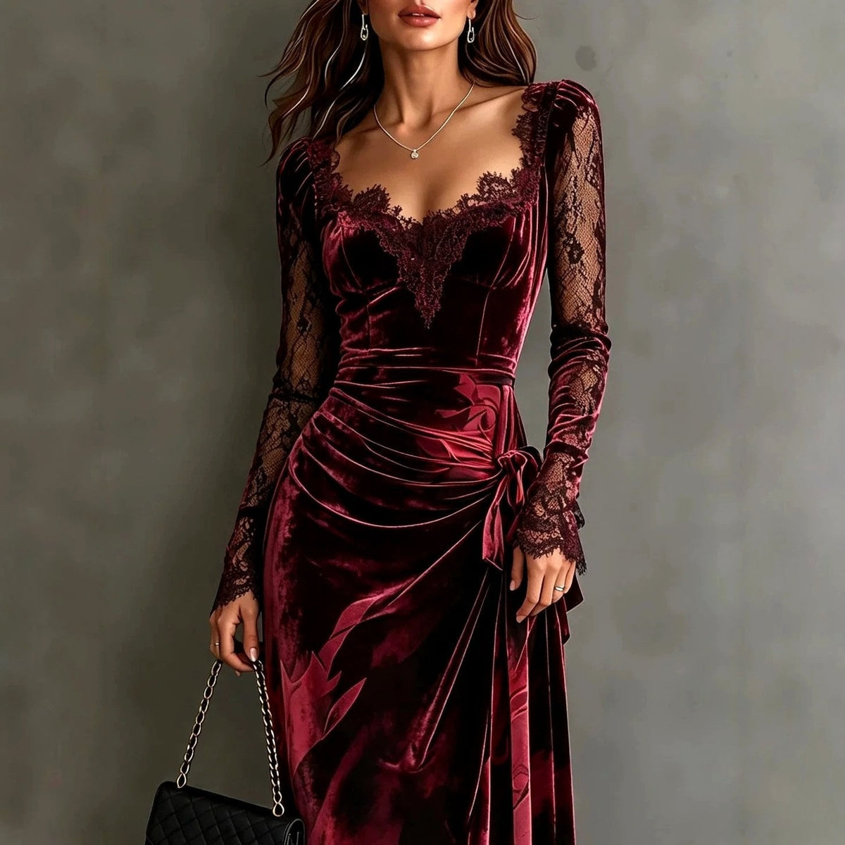 Formelle Abendgarderobe Damen, Samtkleid mit Spitze 2