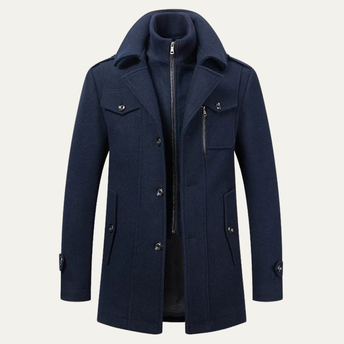 Herren Winterjacke im Trenchcoat Stil in Dunkelblau, Vorderansicht