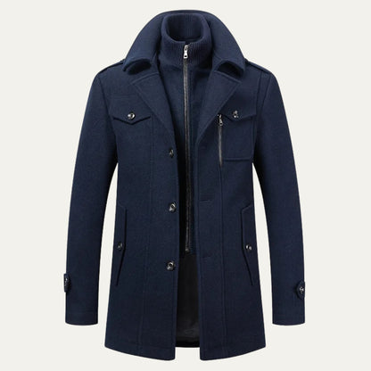 Herren Winterjacke im Trenchcoat Stil in Dunkelblau, Vorderansicht