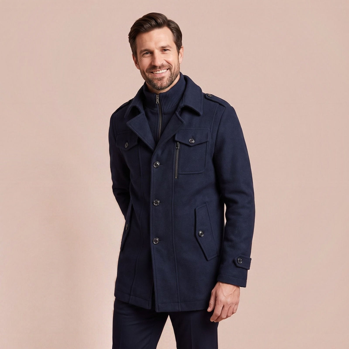 Herren Winterjacke im Trenchcoat Stil in Dunkelblau, Mantel in Wolloptik mit Stehkragen-Einsatz