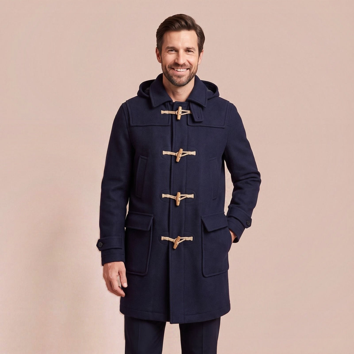 Klassischer Herren-Dufflecoat aus Wolle mit Kapuze und Holzknebeln