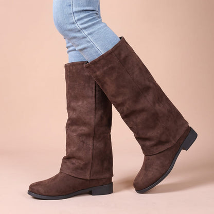 Kniehohe Stiefel aus Veloursleder im Slouch-Stil, Weiche Damen Winterstiefel mit flachem Absatz