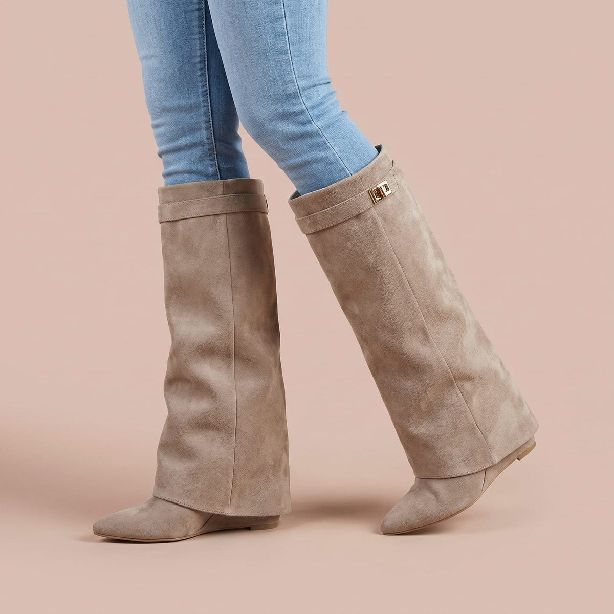 Kniehohe Stiefel aus Wildleder, Damen Boots mit Schnalle 1