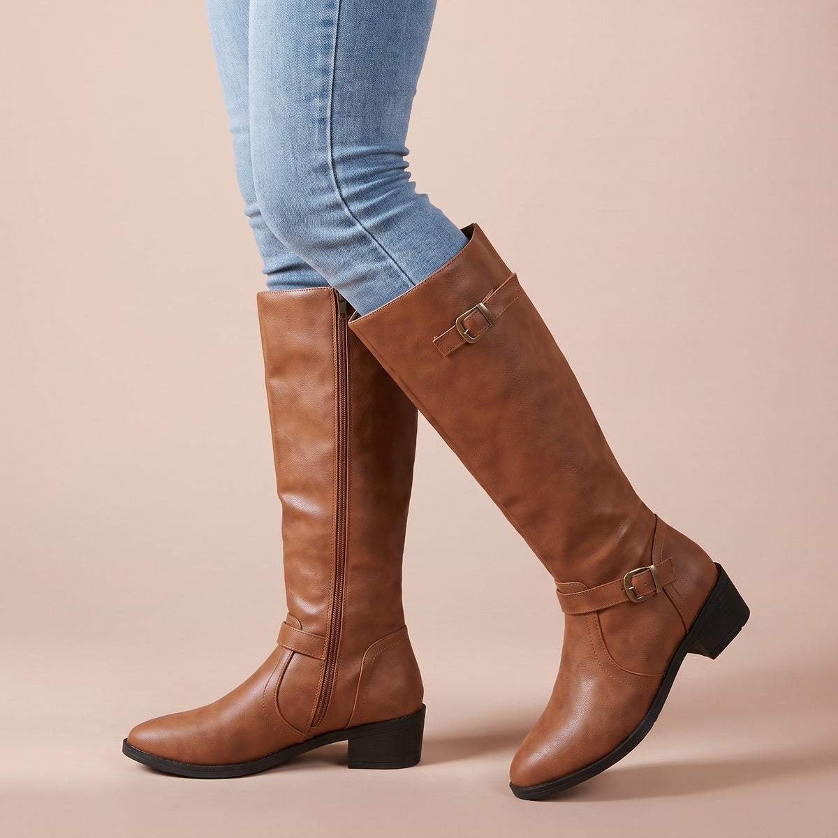 Kniehohe Stiefel in Lederoptik, Winterstiefel mit Schnalle 1