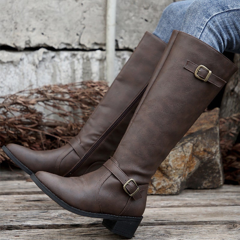 Kniehohe Stiefel in Lederoptik, Winterstiefel mit Schnalle 4