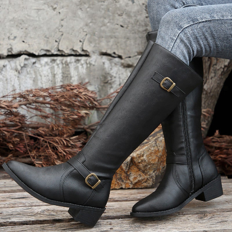 Kniehohe Stiefel in Lederoptik, Winterstiefel mit Schnalle 6
