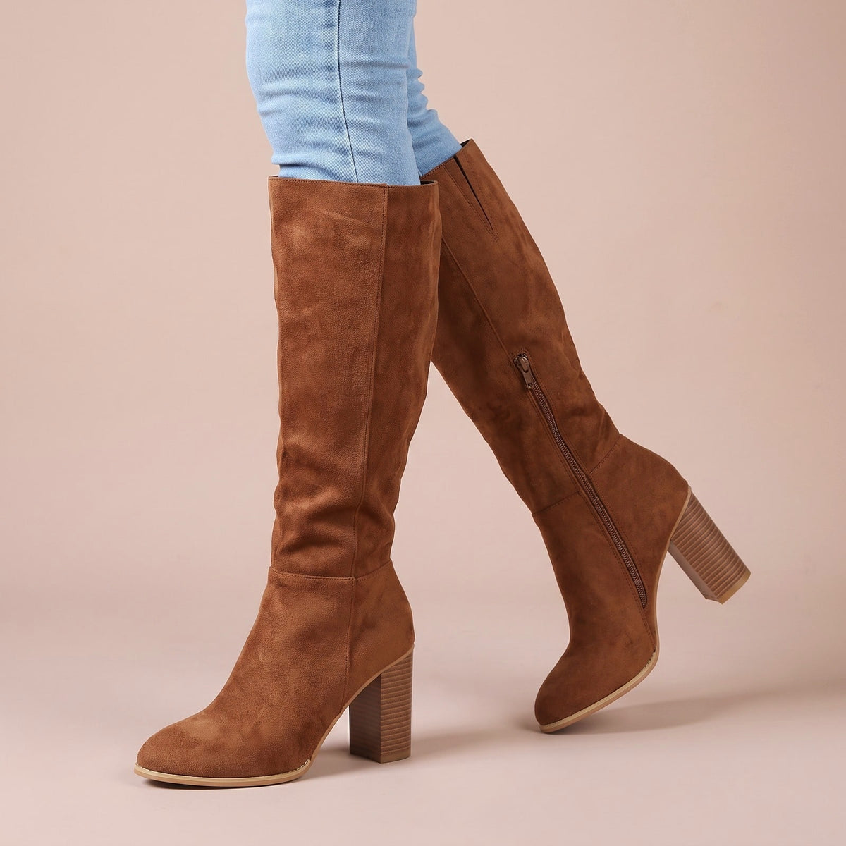 Kniehohe Stiefel in Veloursoptik, Damen Boots mit Blockabsatz 1