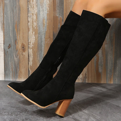 Kniehohe Stiefel in Veloursoptik, Damen Boots mit Blockabsatz 3
