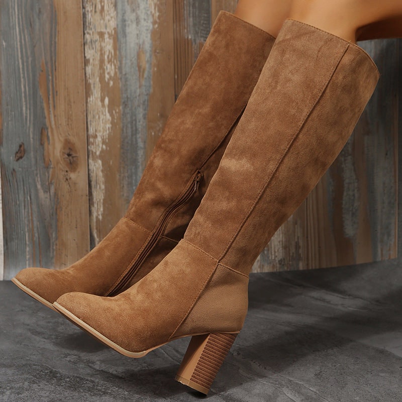 Kniehohe Stiefel in Veloursoptik, Damen Boots mit Blockabsatz 5