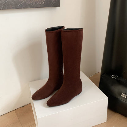 Kniehohe Stiefel mit flacher Sohle, Damen Boots Veloursoptik 2